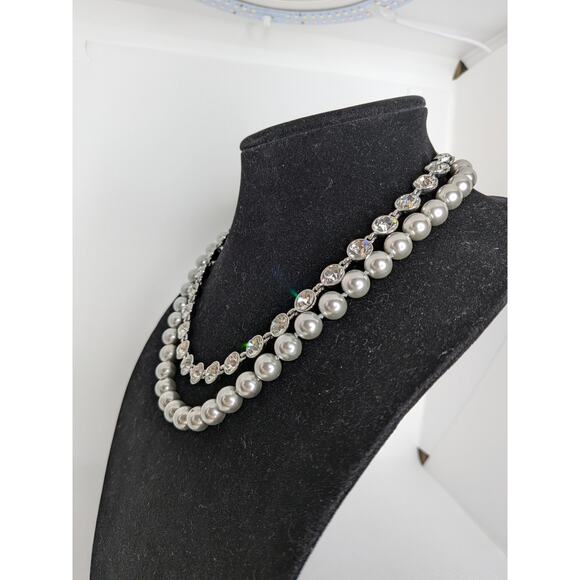 Givenchy Pearl and Rhinestone Crystal Silver Tone Necklace 19" - Picture 2 of 6